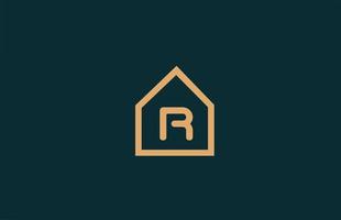 Icono de logotipo de letra del alfabeto r amarillo para empresa y negocio con diseño de contorno de casa vector