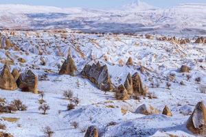 Volcanic rock landscape of Fairy tale chimneys in Cappadocia with blue sky on background photo