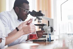 Scientists work closely with the microscope in the laboratory by conducting experiments and analyzes. photo