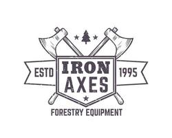 Forestry Equipment vintage logo, emblem, badge with lumberjacks axes vector