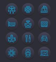 Robotics, mechanical engineering, robots icons, linear vector