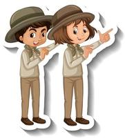 Couple kids wear safari outfit cartoon character sticker vector