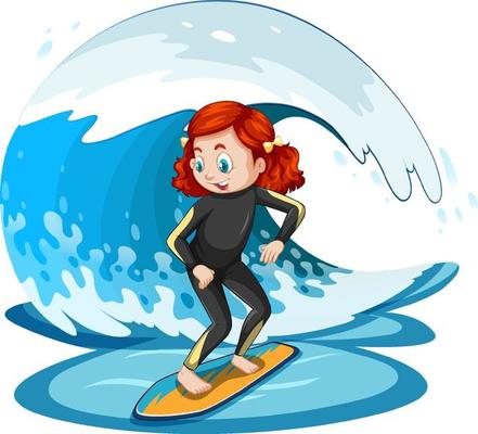 Girl standing on a surfboard with water wave