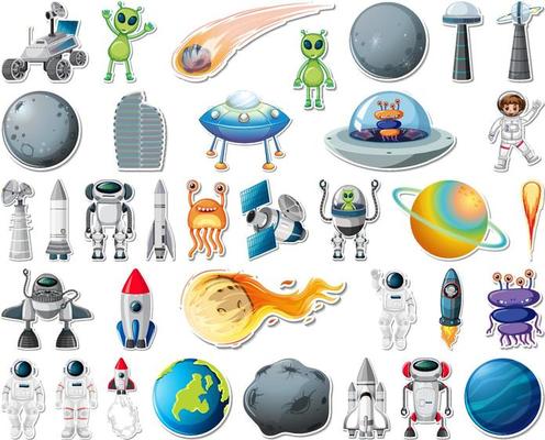 Set of stickers with Solar system objects isolated