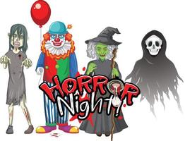 diseño de texto de noche de terror con personajes fantasmas de halloween vector