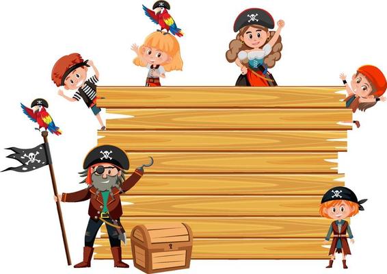 Empty wooden board with many pirate kids cartoon character