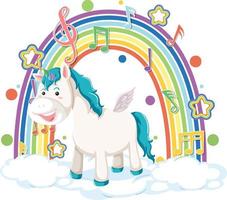 Unicorn standing on cloud with rainbow and melody symbol vector