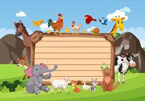 Empty wooden board with various wild animals in the forest vector