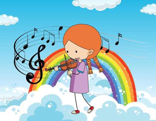 Cartoon doodle a girl playing violin with rainbow in the sky