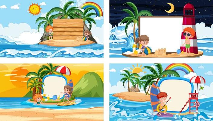 Set of different tropical beach scenes with blank banner