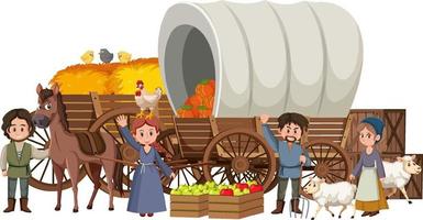 Medieval peasants with haystack in a cart vector