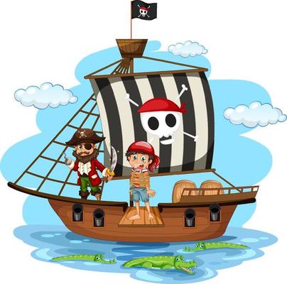 Pirate concept with a boy cartoon character walking the plank on the ship isolated