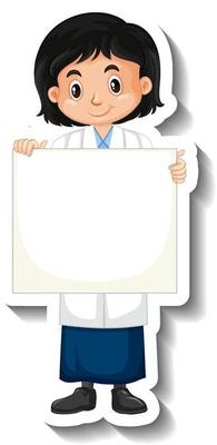 Scientist girl holding empty board cartoon character sticker