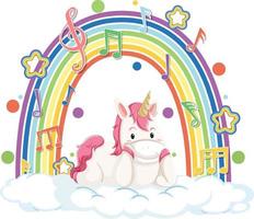 unicornio en la nube con arco iris y símbolo de melodía vector