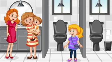 People in public toilet with cubicles scene vector
