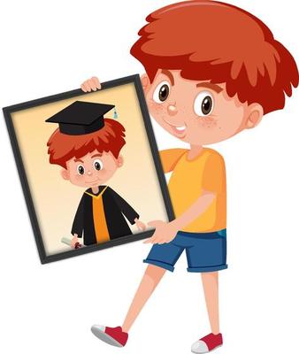 Cartoon character of a boy holding his graduation portrait photo