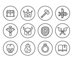 Game line icons on white set 2, armor, crossbow, chest, arrows and bow, potion, crown, war hammer, ring vector