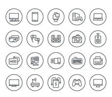 gadgets, modern devices line icons on white, action camera, portable power bank, smart watch, external hard drive, vr headset, wireless speaker, game console and controller vector