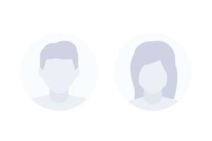 Avatars, default photo placeholders, man and female profile vector pictures