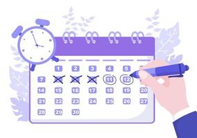 Ilustración de vector de fondo de calendario con signo de círculo para planificar asuntos importantes, gestión del tiempo, organización del trabajo y notificación de eventos de la vida o vacaciones