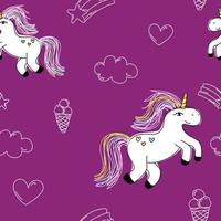 Cute little unicorn with hearts clouds ice cream stars. White purple pattern and paper for scrapbooking doodle. vector