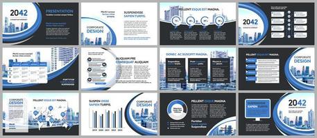 Presentación de la empresa de negocios de fondo de la ciudad con plantilla de infografías. vector