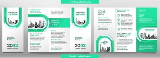 Plantilla de folleto comercial en diseño tríptico. Folleto de diseño corporativo con imagen reemplazable. vector