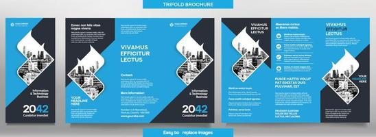 Plantilla de folleto comercial en diseño tríptico. Folleto de diseño corporativo con imagen reemplazable. vector