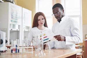 Scientists work closely with the microscope in the laboratory by conducting experiments and analyzes. photo