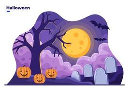 Ilustración plana de paisaje nocturno de Halloween con luna llena, calabaza, árbol, cementerio. se puede utilizar para tarjetas de felicitación, invitaciones, carteles, postales, banners, web, redes sociales, impresión. vector