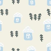 Hand drawn winter seamless pattern with houses and Christmas trees. vector