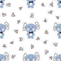 Cartoon style big-eared monsters with doodle hearts seamless pattern. vector