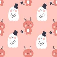 Seamless Halloween pattern with devils and ghosts in top hats. vector