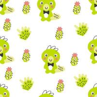 Hand drawn seamless pattern with dinosaurs and cactuses. vector