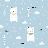 Fondo de invierno de vector de patrones sin fisuras con oso blanco y nieve diseño dibujado a mano en estilo de dibujos animados, uso para tela, moda, textiles.