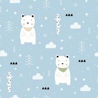 Seamless pattern vector Winter background with white bear and snow Hand drawn design in cartoon style, use for fabric, fashion, textiles.