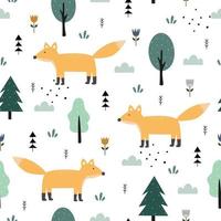 Seamless vector pattern Cartoon fox with a tree on white background Hand drawn design in childrens style Suitable for textile design, wallpaper