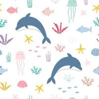 Los delfines de patrones sin fisuras de dibujos animados están flotando en el mar Fondo de vida marina dibujado a mano en estilo infantil utilizado para telas, ilustración de vector de moda de textiles