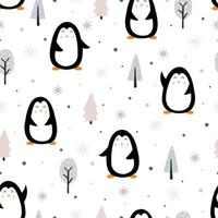 Seamless vector Penguin pattern standing on the snow and flakes with pine trees. Used for cloth, fashion, textiles