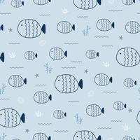 Seamless pattern Cartoon background With fish and corals Hand drawn design in doodle style, use for print, wallpaper, fabric, textile fashion. Vector illustration