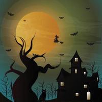 Halloween night background. Witch flying on a broomstick on the background of a full moon over the castle. Vector illustration