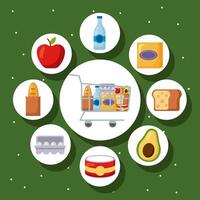 comestibles alrededor del carrito de compras vector