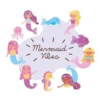 lettering and mermaids icons vector