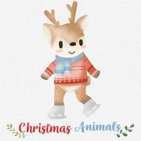 Christmas Reindeer watercolor illustration, with the paper background. For design, prints, fabric, or background vector