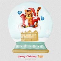 Christmas Tiger watercolor illustration, with a paper background. For design, prints, fabric, or background. Christmas element vector. vector