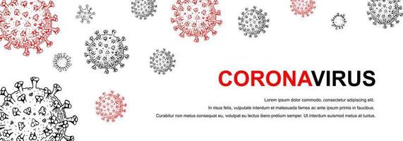 Banner horizontal de coronavirus con elementos de diseño dibujados a mano. virus de microscopio de cerca. ilustración vectorial en estilo boceto. covid-2019 vector