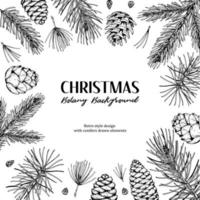 Hand drawn Christmas and New Year design with fir tree and pine tree branches and cones. Vector illustration in sketch style. Space for text