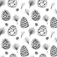 Hand drawn Christmas seamless pattern with fir tree and pine tree branches and cones isolated on white background. Vector illustration in sketch style