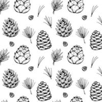 Hand drawn Christmas seamless pattern with fir tree and pine tree branches and cones isolated on white background. Vector illustration in sketch style