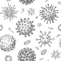 Hand drawn virus seamless pattern in sketch style. Microscope virus close up. Vector illustration. COVID-2019